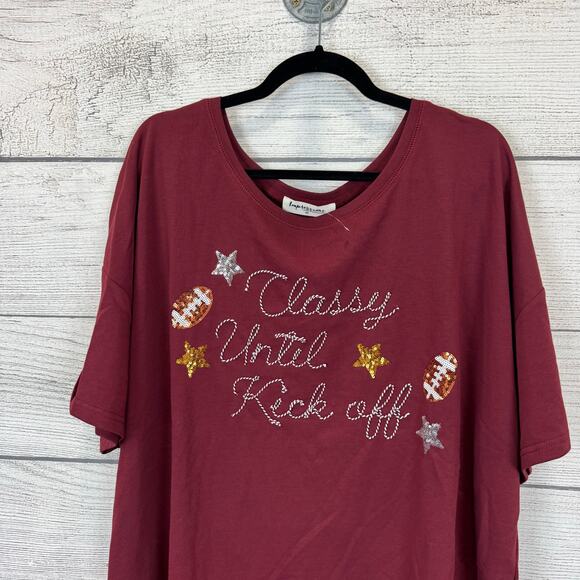 Impressions Plus Size Maroon "Classy Until Kickoff" Sequin Football Top Size 2X - Picture 2 of 9